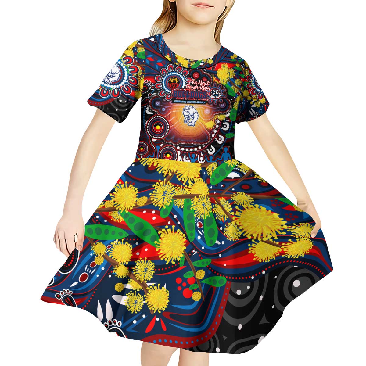 Personalised NAIDOC Week 2025 Bulldogs Football Kid Short Sleeve Dress Aboriginal Dot Painting
