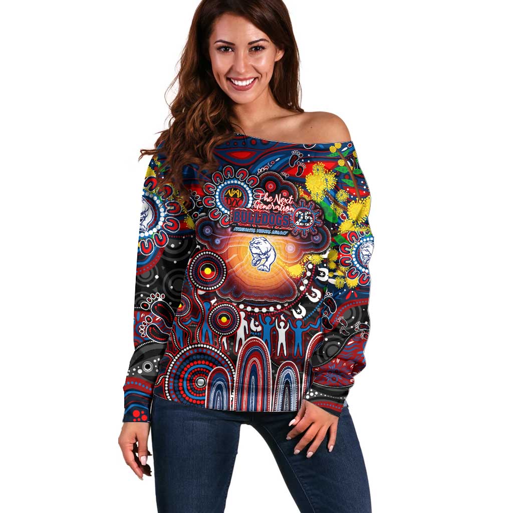 Personalised NAIDOC Week 2025 Bulldogs Football Off Shoulder Sweater Aboriginal Dot Painting