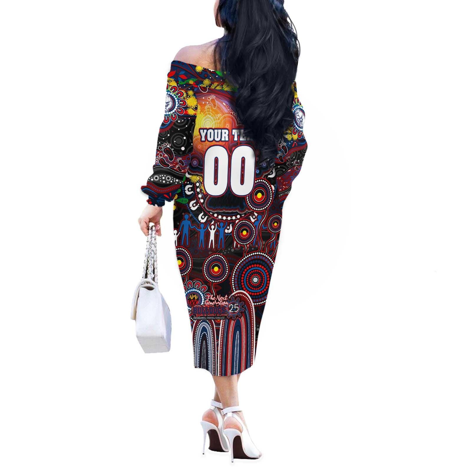 Personalised NAIDOC Week 2025 Bulldogs Football Off The Shoulder Long Sleeve Dress Aboriginal Dot Painting
