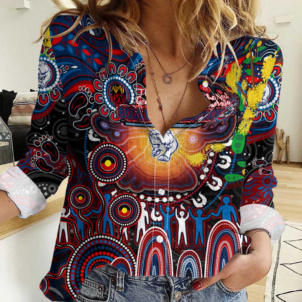 Personalised NAIDOC Week 2025 Bulldogs Football Women Casual Shirt Aboriginal Dot Painting