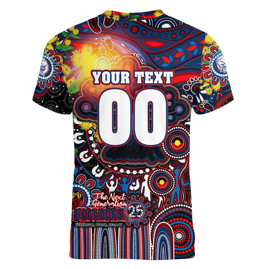 Personalised NAIDOC Week 2025 Bulldogs Football Women V-Neck T-Shirt Aboriginal Dot Painting