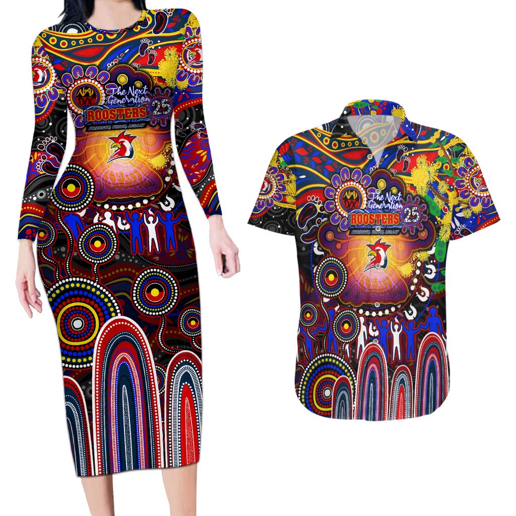 Personalised NAIDOC Week 2025 Roosters Football Couples Matching Long Sleeve Bodycon Dress and Hawaiian Shirt Aboriginal Dot Painting