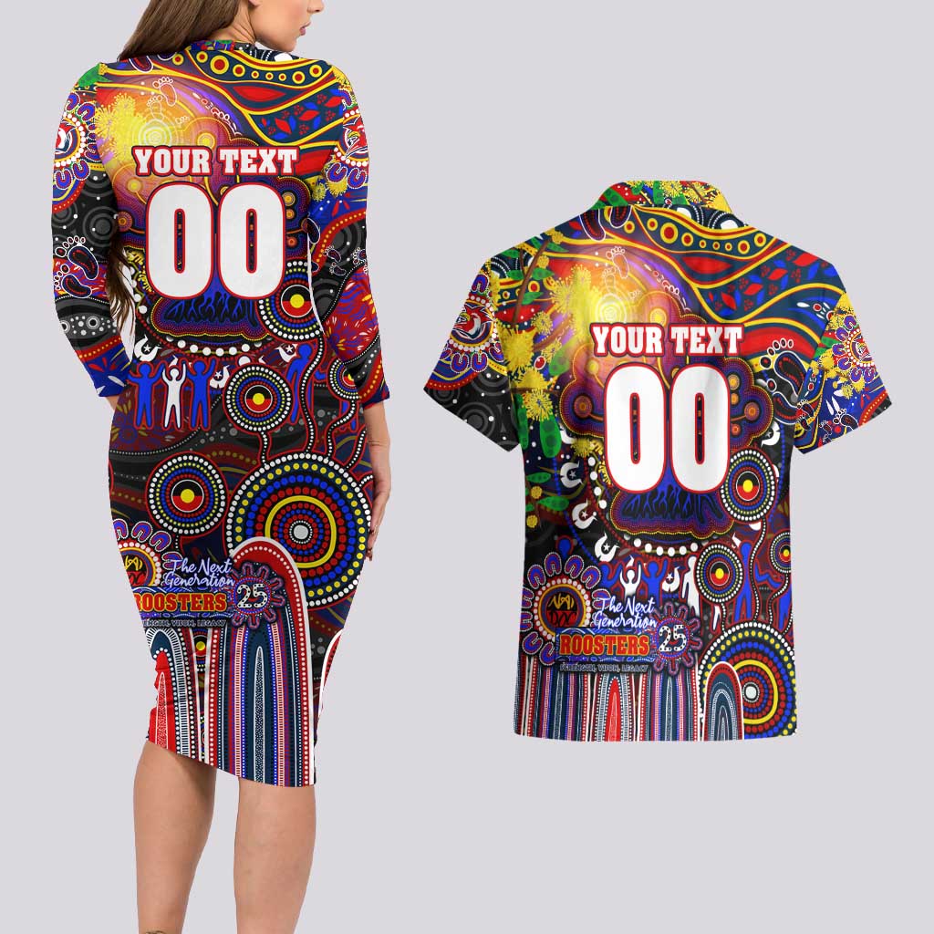 Personalised NAIDOC Week 2025 Roosters Football Couples Matching Long Sleeve Bodycon Dress and Hawaiian Shirt Aboriginal Dot Painting