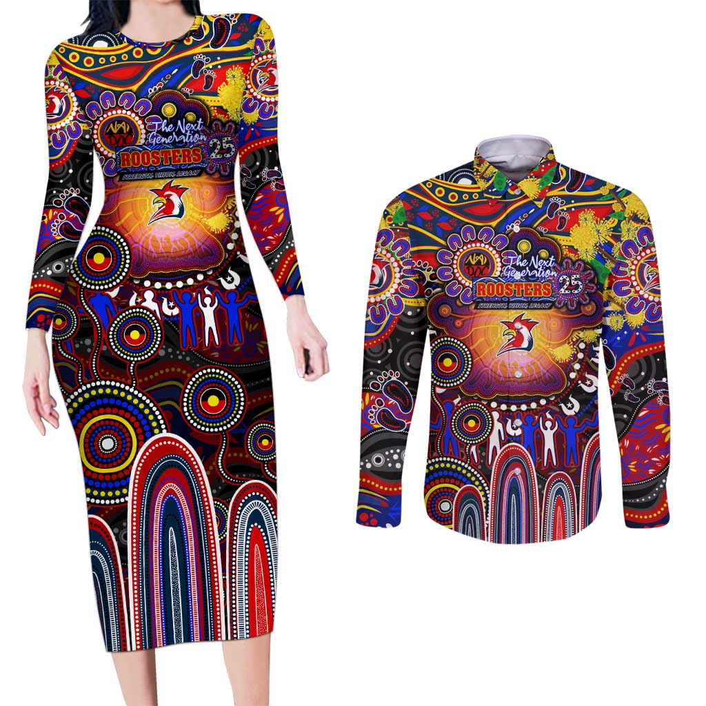 Personalised NAIDOC Week 2025 Roosters Football Couples Matching Long Sleeve Bodycon Dress and Long Sleeve Button Shirt Aboriginal Dot Painting