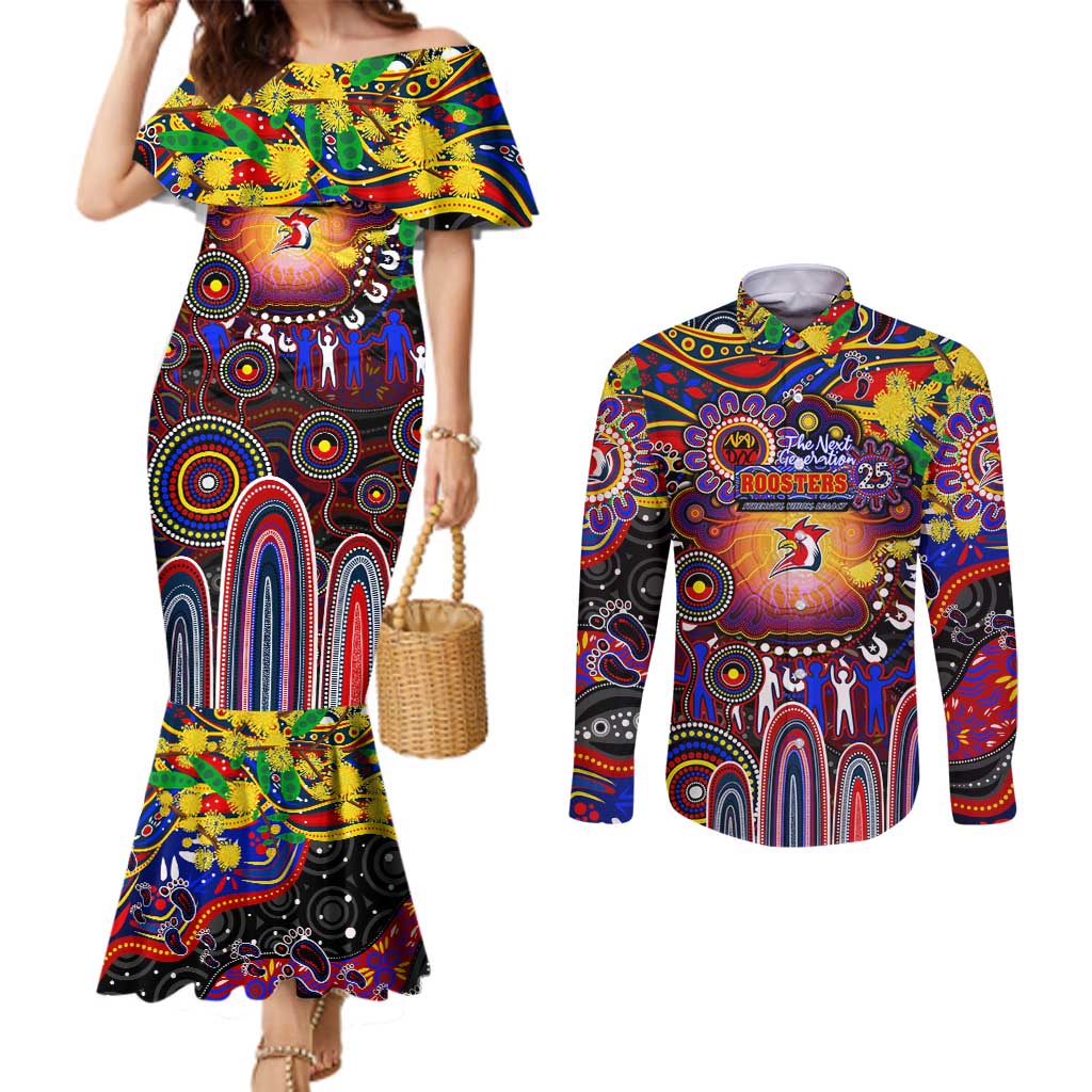 Personalised NAIDOC Week 2025 Roosters Football Couples Matching Mermaid Dress and Long Sleeve Button Shirt Aboriginal Dot Painting