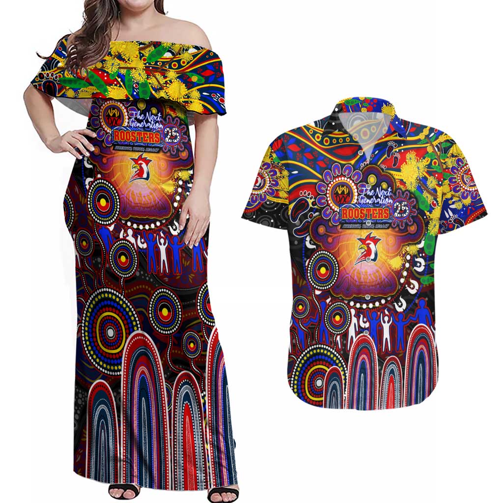 Personalised NAIDOC Week 2025 Roosters Football Couples Matching Off Shoulder Maxi Dress and Hawaiian Shirt Aboriginal Dot Painting
