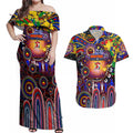 Personalised NAIDOC Week 2025 Roosters Football Couples Matching Off Shoulder Maxi Dress and Hawaiian Shirt Aboriginal Dot Painting