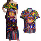 Personalised NAIDOC Week 2025 Roosters Football Couples Matching Off Shoulder Maxi Dress and Hawaiian Shirt Aboriginal Dot Painting