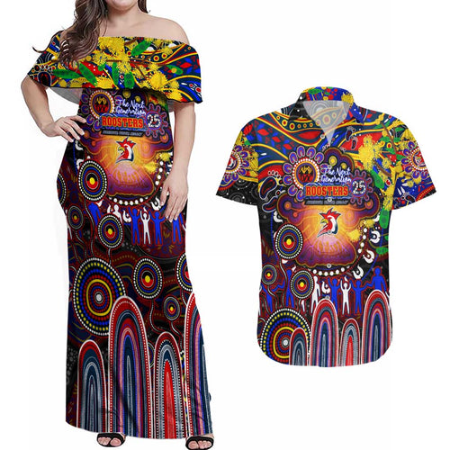 Personalised NAIDOC Week 2025 Roosters Football Couples Matching Off Shoulder Maxi Dress and Hawaiian Shirt Aboriginal Dot Painting