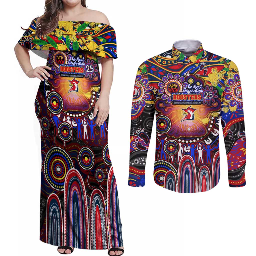 Personalised NAIDOC Week 2025 Roosters Football Couples Matching Off Shoulder Maxi Dress and Long Sleeve Button Shirt Aboriginal Dot Painting