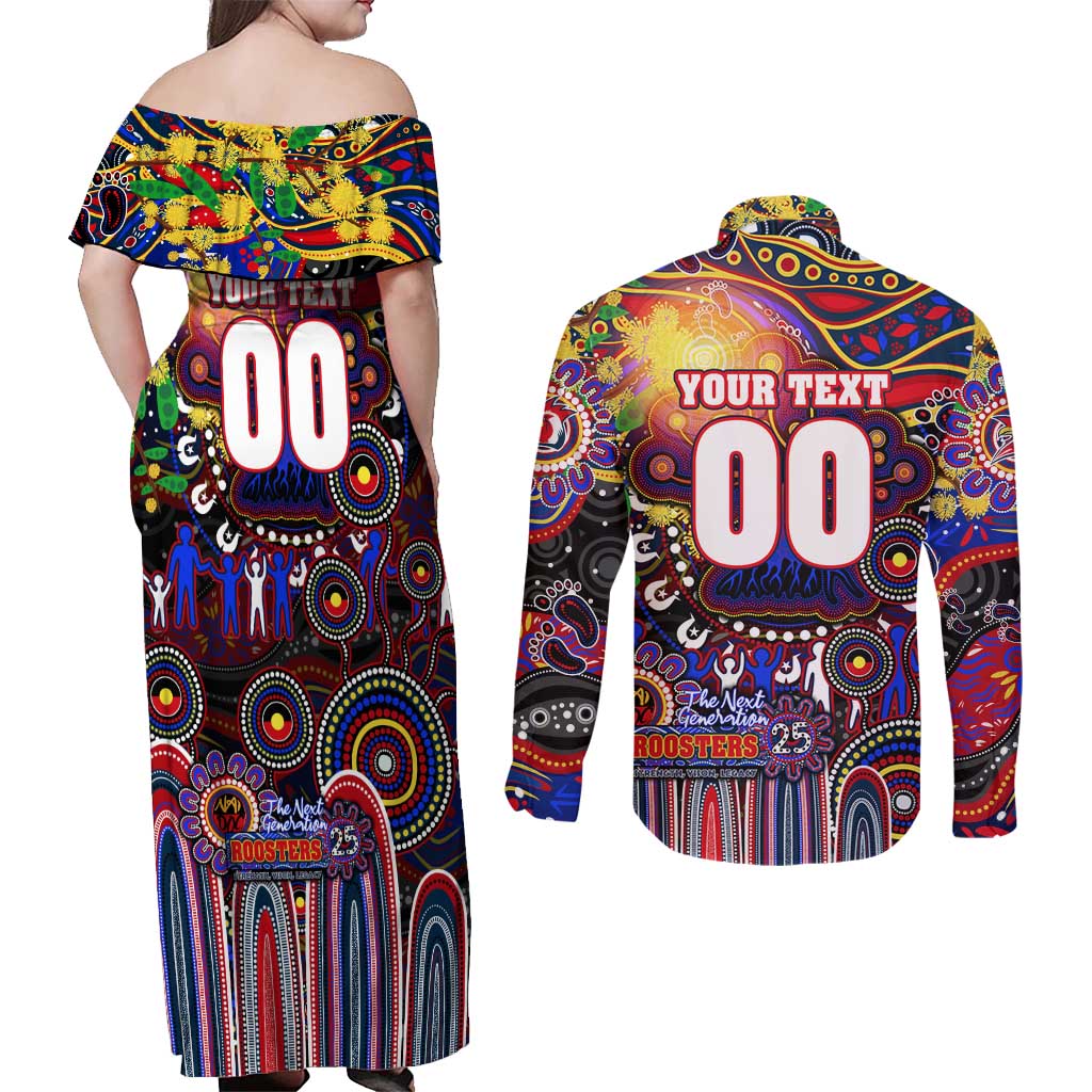 Personalised NAIDOC Week 2025 Roosters Football Couples Matching Off Shoulder Maxi Dress and Long Sleeve Button Shirt Aboriginal Dot Painting