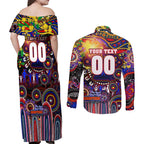 Personalised NAIDOC Week 2025 Roosters Football Couples Matching Off Shoulder Maxi Dress and Long Sleeve Button Shirt Aboriginal Dot Painting