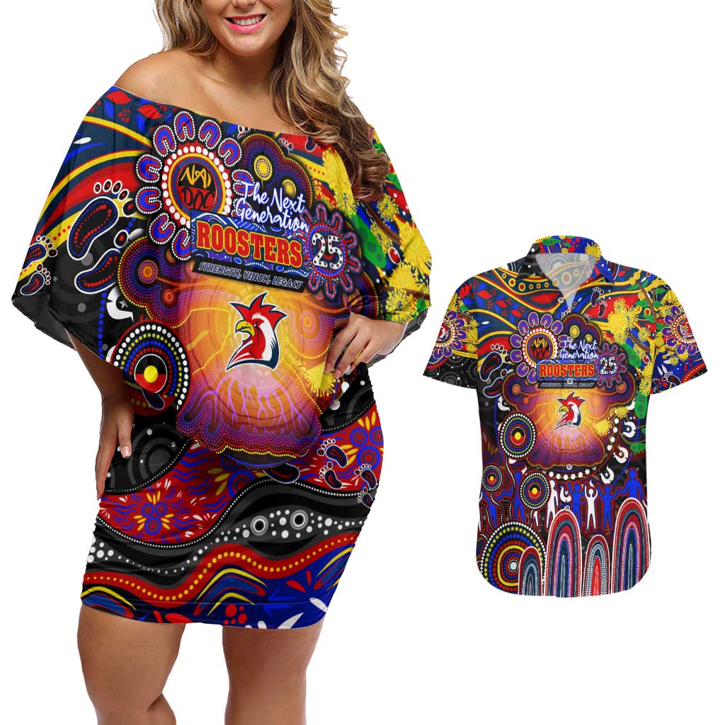 Personalised NAIDOC Week 2025 Roosters Football Couples Matching Off Shoulder Short Dress and Hawaiian Shirt Aboriginal Dot Painting