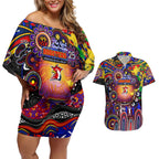 Personalised NAIDOC Week 2025 Roosters Football Couples Matching Off Shoulder Short Dress and Hawaiian Shirt Aboriginal Dot Painting