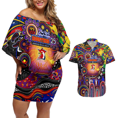 Personalised NAIDOC Week 2025 Roosters Football Couples Matching Off Shoulder Short Dress and Hawaiian Shirt Aboriginal Dot Painting