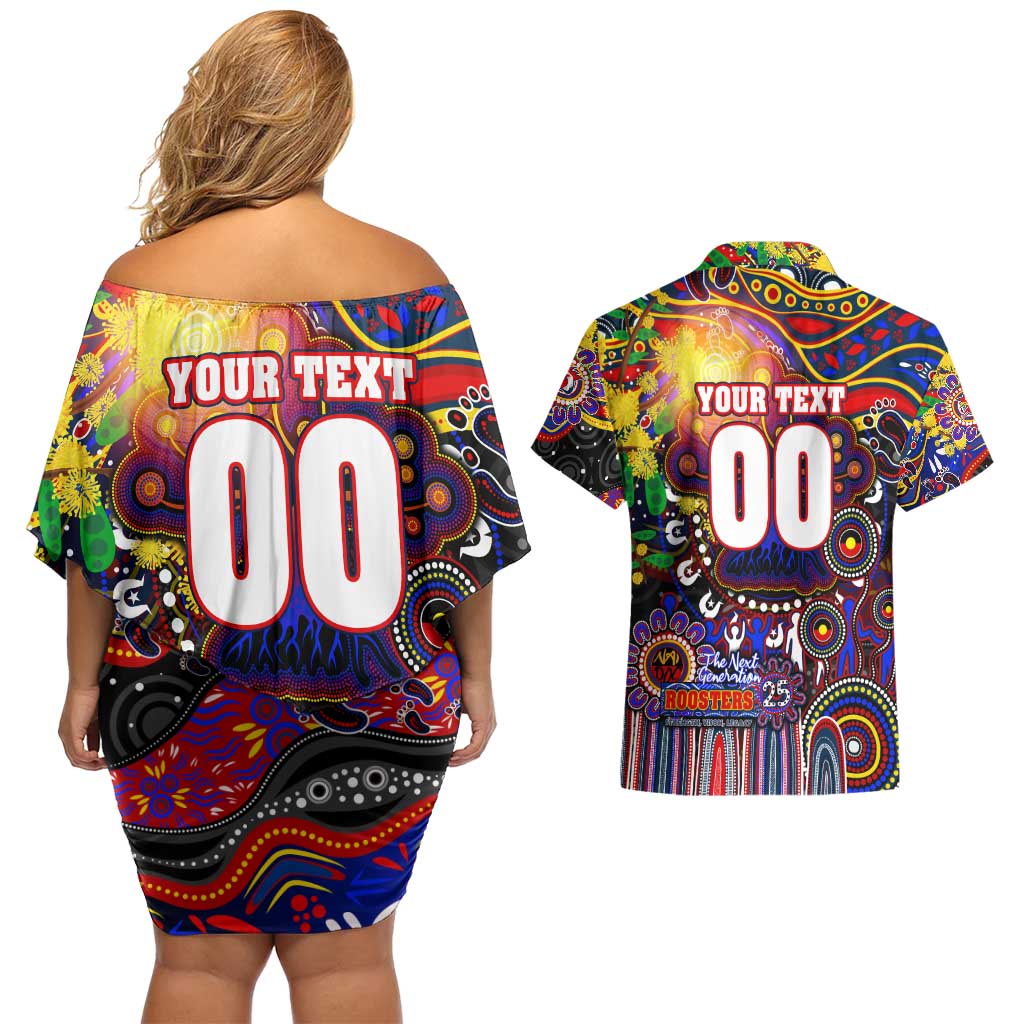 Personalised NAIDOC Week 2025 Roosters Football Couples Matching Off Shoulder Short Dress and Hawaiian Shirt Aboriginal Dot Painting