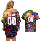 Personalised NAIDOC Week 2025 Roosters Football Couples Matching Off Shoulder Short Dress and Hawaiian Shirt Aboriginal Dot Painting