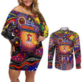 Personalised NAIDOC Week 2025 Roosters Football Couples Matching Off Shoulder Short Dress and Long Sleeve Button Shirt Aboriginal Dot Painting