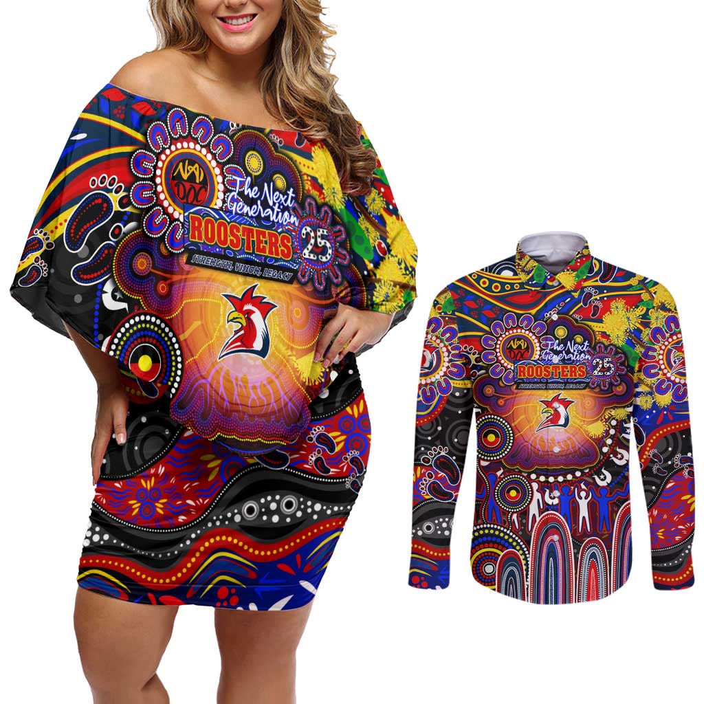 Personalised NAIDOC Week 2025 Roosters Football Couples Matching Off Shoulder Short Dress and Long Sleeve Button Shirt Aboriginal Dot Painting
