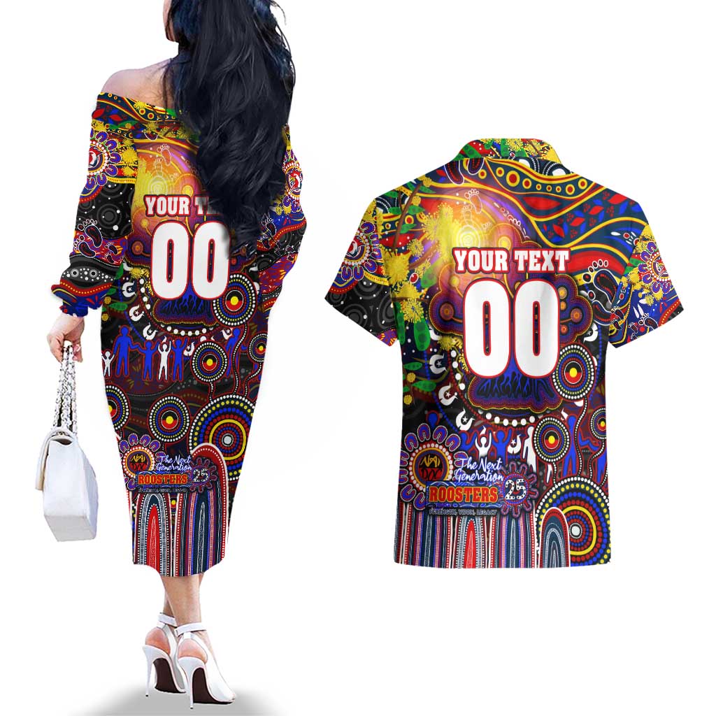 Personalised NAIDOC Week 2025 Roosters Football Couples Matching Off The Shoulder Long Sleeve Dress and Hawaiian Shirt Aboriginal Dot Painting