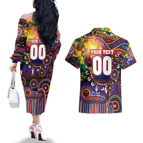 Personalised NAIDOC Week 2025 Roosters Football Couples Matching Off The Shoulder Long Sleeve Dress and Hawaiian Shirt Aboriginal Dot Painting