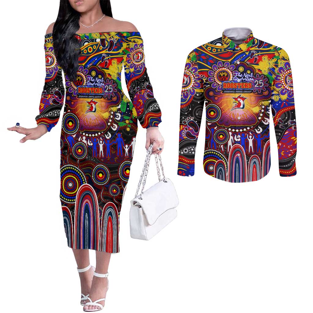 Personalised NAIDOC Week 2025 Roosters Football Couples Matching Off The Shoulder Long Sleeve Dress and Long Sleeve Button Shirt Aboriginal Dot Painting