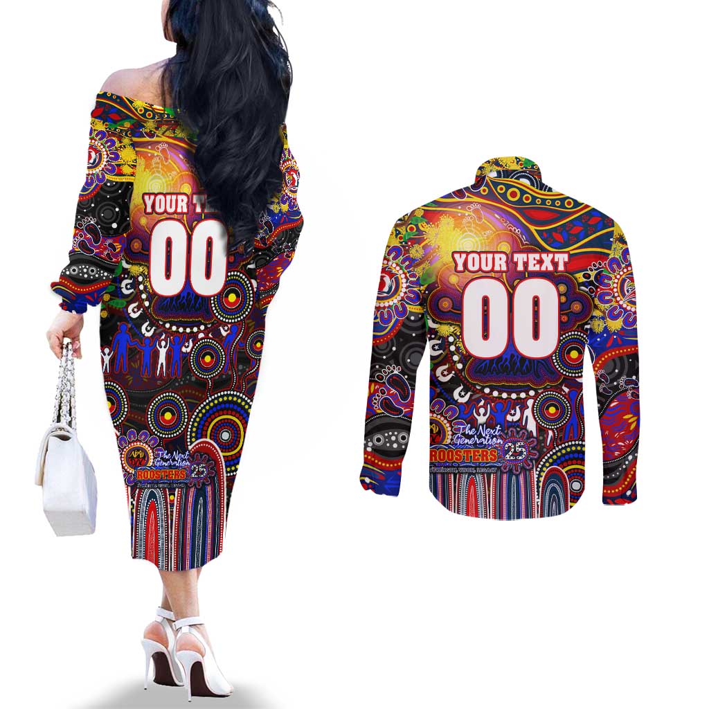 Personalised NAIDOC Week 2025 Roosters Football Couples Matching Off The Shoulder Long Sleeve Dress and Long Sleeve Button Shirt Aboriginal Dot Painting