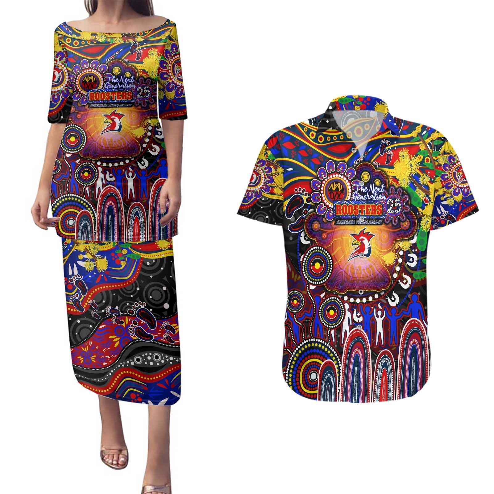 Personalised NAIDOC Week 2025 Roosters Football Couples Matching Puletasi and Hawaiian Shirt Aboriginal Dot Painting