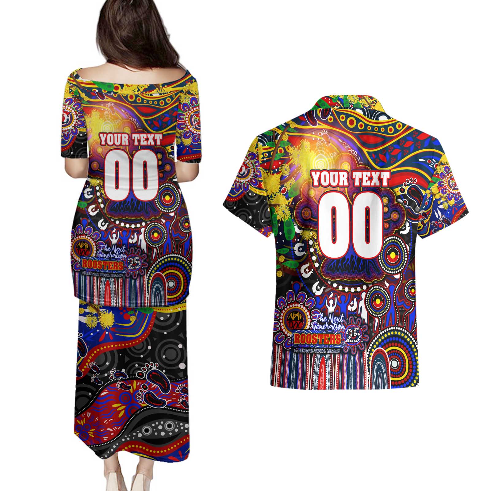 Personalised NAIDOC Week 2025 Roosters Football Couples Matching Puletasi and Hawaiian Shirt Aboriginal Dot Painting