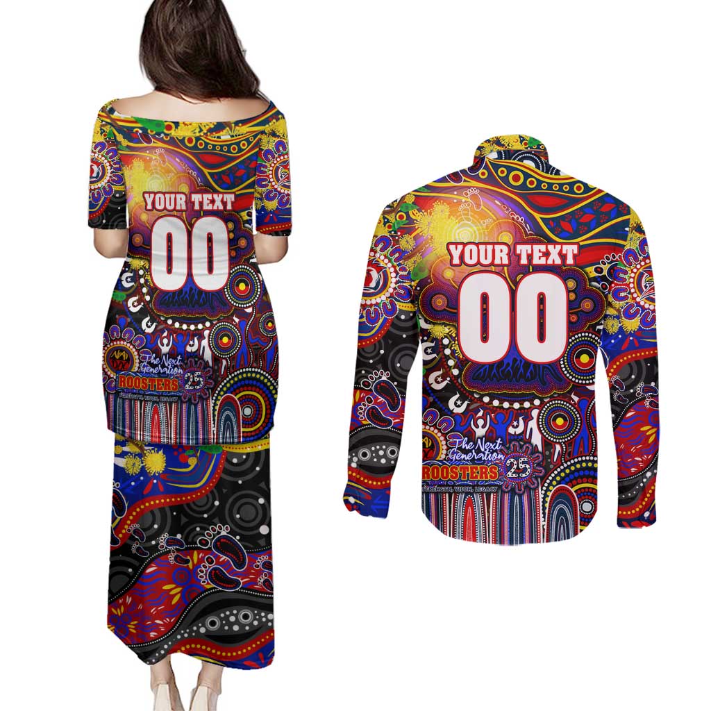 Personalised NAIDOC Week 2025 Roosters Football Couples Matching Puletasi and Long Sleeve Button Shirt Aboriginal Dot Painting