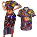 Personalised NAIDOC Week 2025 Roosters Football Couples Matching Short Sleeve Bodycon Dress and Hawaiian Shirt Aboriginal Dot Painting