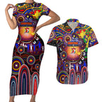 Personalised NAIDOC Week 2025 Roosters Football Couples Matching Short Sleeve Bodycon Dress and Hawaiian Shirt Aboriginal Dot Painting