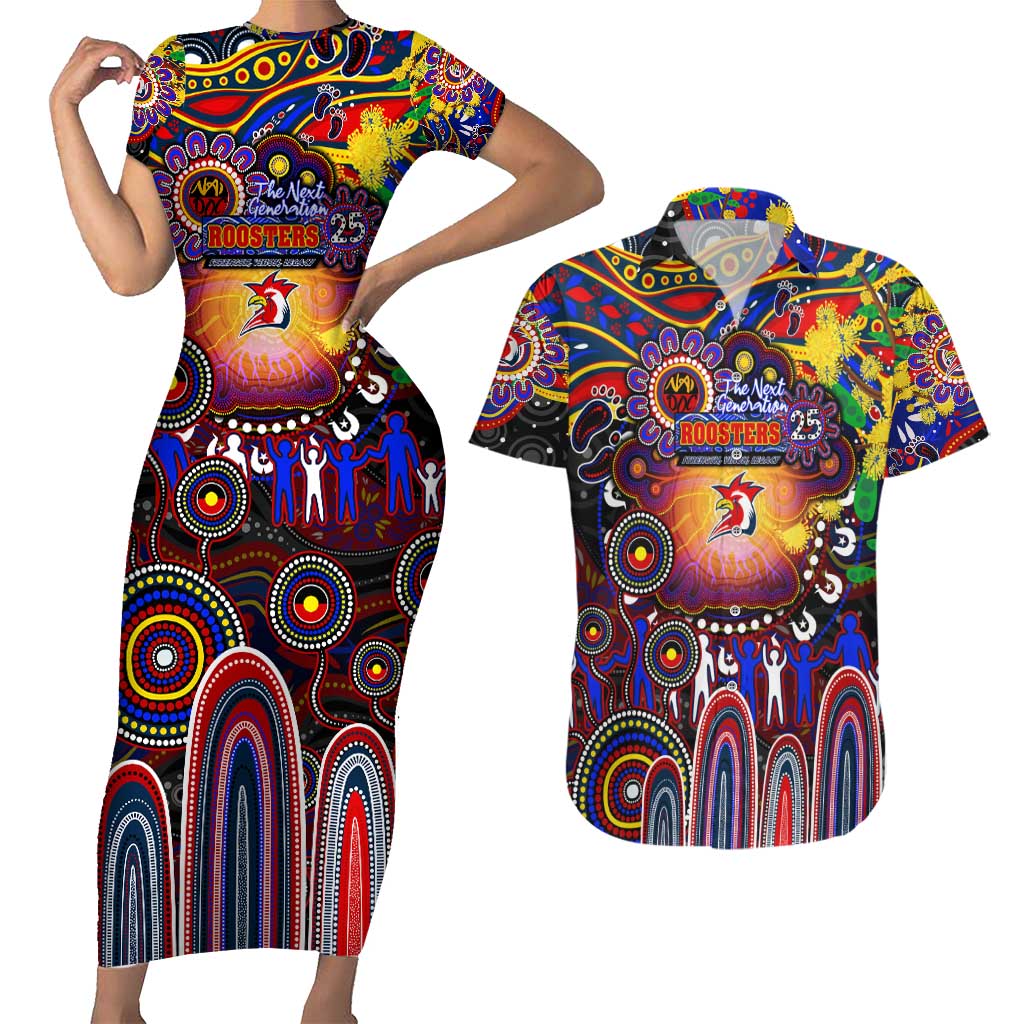 Personalised NAIDOC Week 2025 Roosters Football Couples Matching Short Sleeve Bodycon Dress and Hawaiian Shirt Aboriginal Dot Painting
