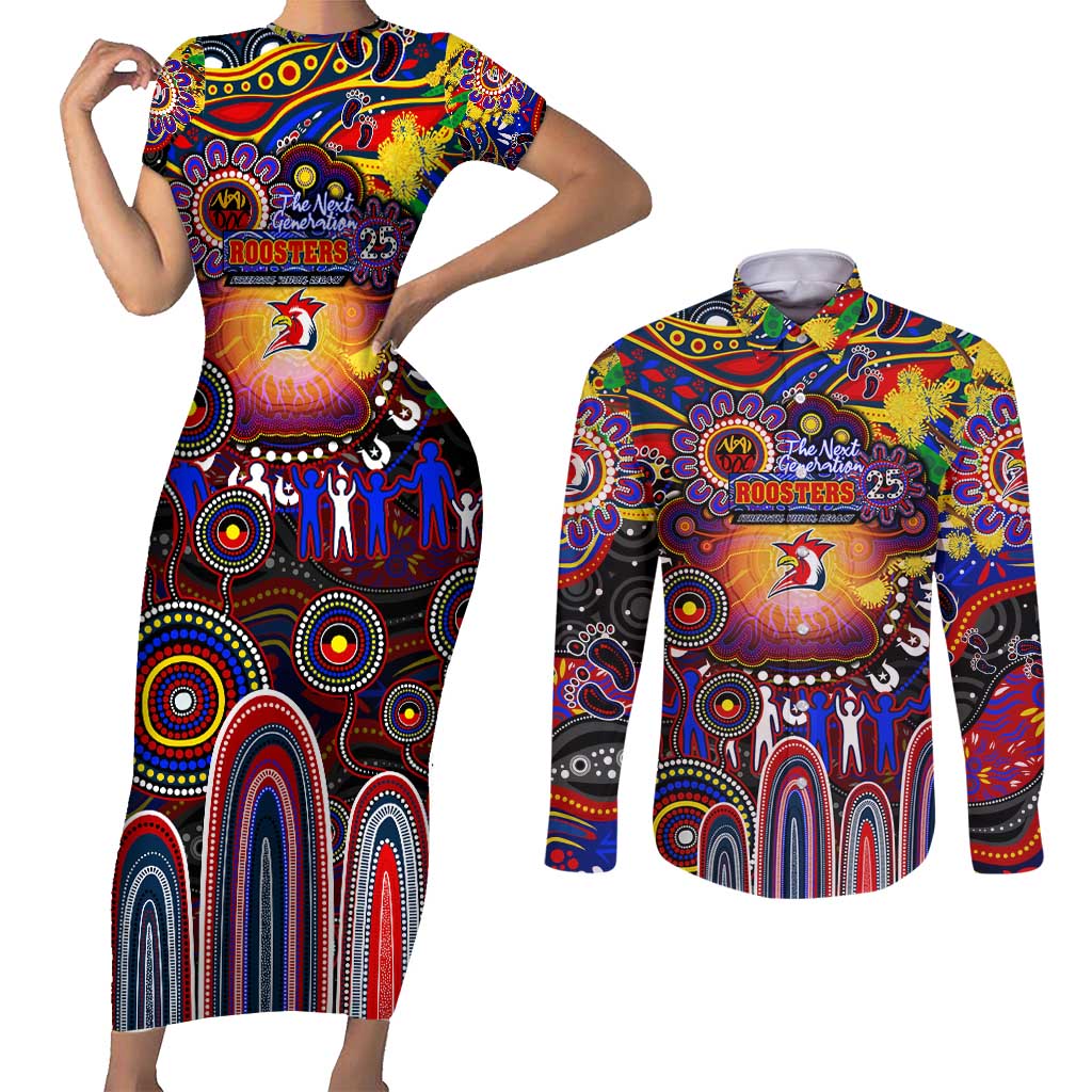 Personalised NAIDOC Week 2025 Roosters Football Couples Matching Short Sleeve Bodycon Dress and Long Sleeve Button Shirt Aboriginal Dot Painting
