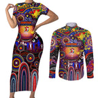 Personalised NAIDOC Week 2025 Roosters Football Couples Matching Short Sleeve Bodycon Dress and Long Sleeve Button Shirt Aboriginal Dot Painting