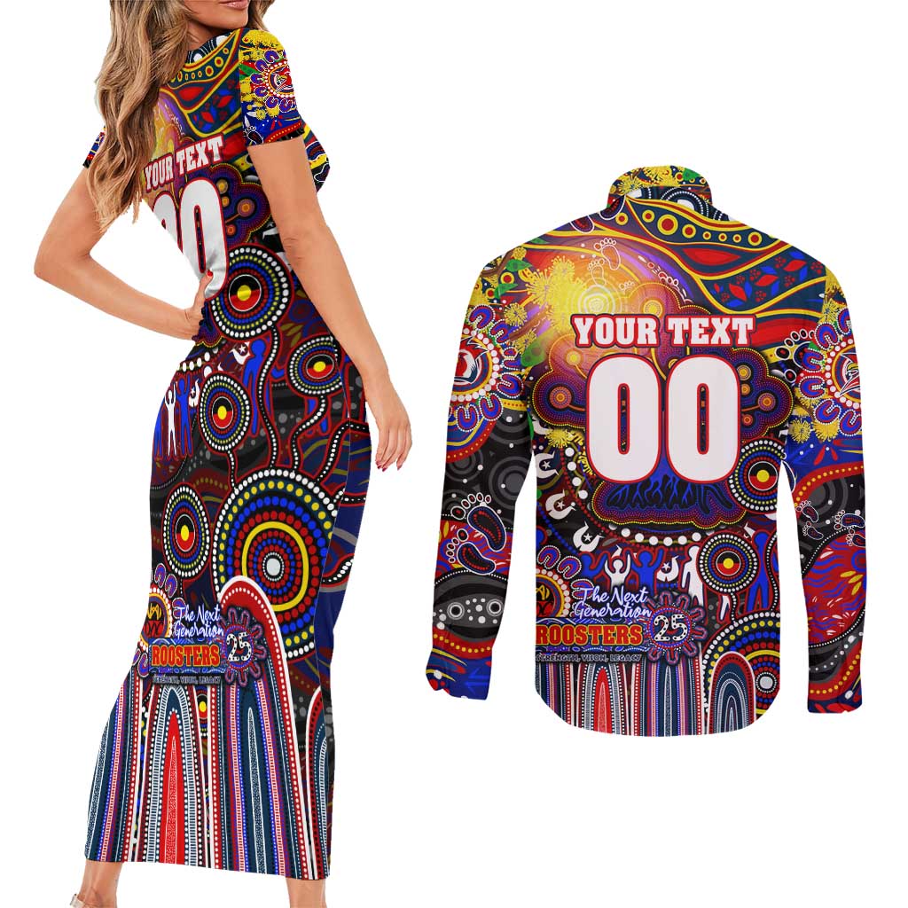 Personalised NAIDOC Week 2025 Roosters Football Couples Matching Short Sleeve Bodycon Dress and Long Sleeve Button Shirt Aboriginal Dot Painting