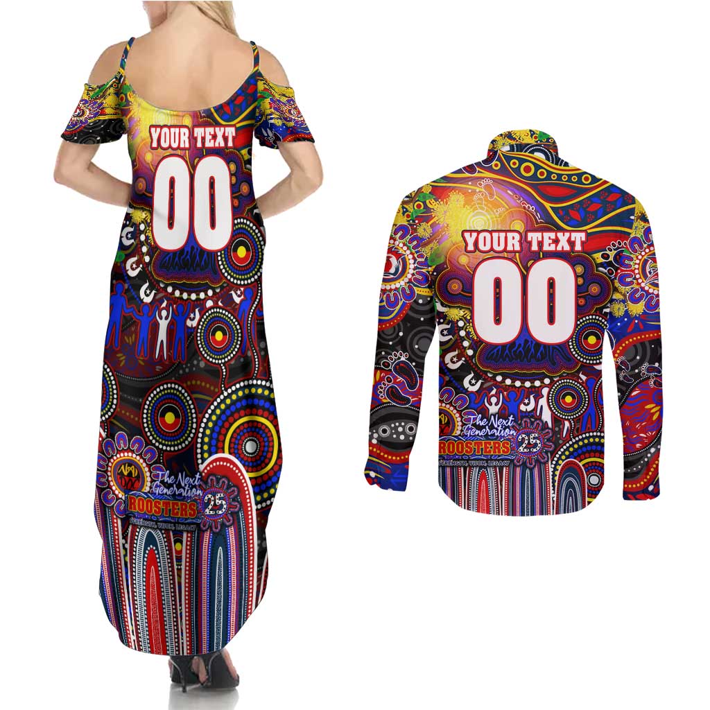 Personalised NAIDOC Week 2025 Roosters Football Couples Matching Summer Maxi Dress and Long Sleeve Button Shirt Aboriginal Dot Painting