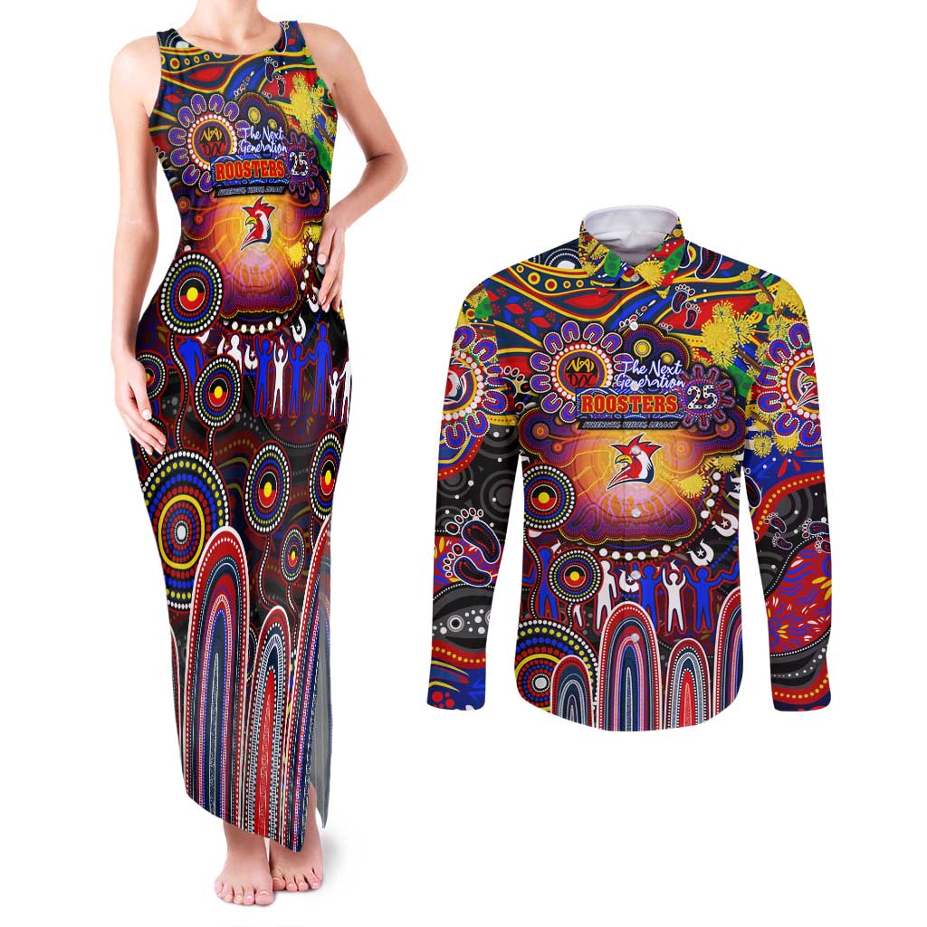 Personalised NAIDOC Week 2025 Roosters Football Couples Matching Tank Maxi Dress and Long Sleeve Button Shirt Aboriginal Dot Painting
