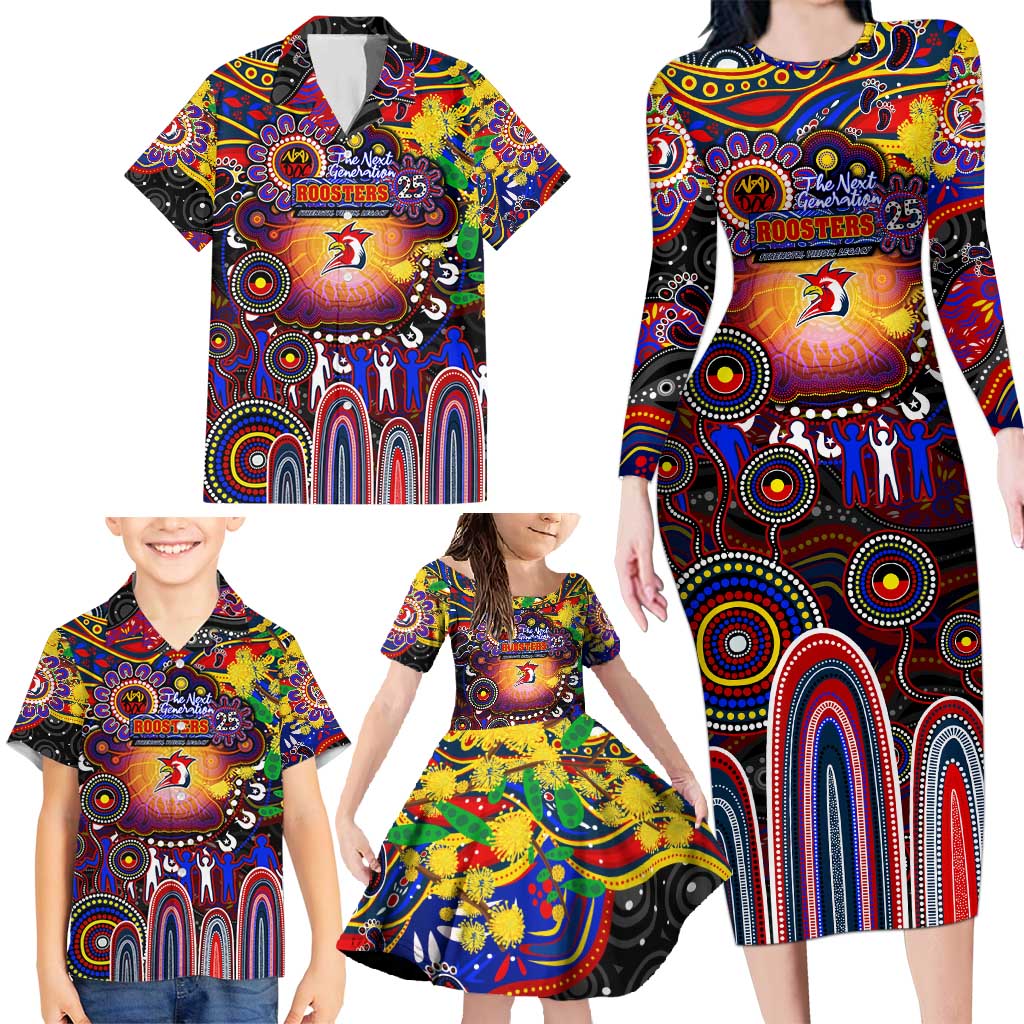 Personalised NAIDOC Week 2025 Roosters Football Family Matching Long Sleeve Bodycon Dress and Hawaiian Shirt Aboriginal Dot Painting