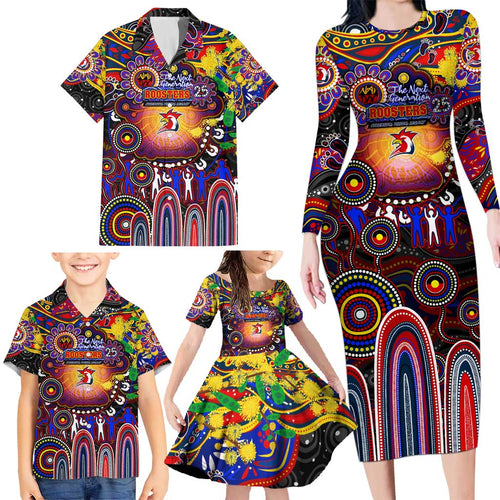 Personalised NAIDOC Week 2025 Roosters Football Family Matching Long Sleeve Bodycon Dress and Hawaiian Shirt Aboriginal Dot Painting