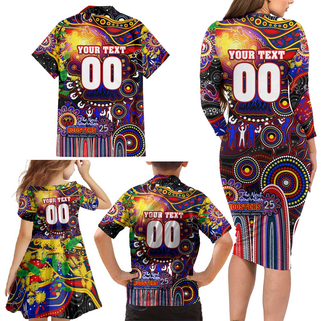 Personalised NAIDOC Week 2025 Roosters Football Family Matching Long Sleeve Bodycon Dress and Hawaiian Shirt Aboriginal Dot Painting