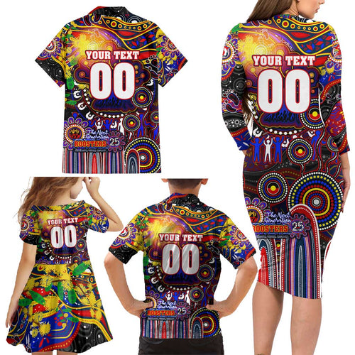 Personalised NAIDOC Week 2025 Roosters Football Family Matching Long Sleeve Bodycon Dress and Hawaiian Shirt Aboriginal Dot Painting