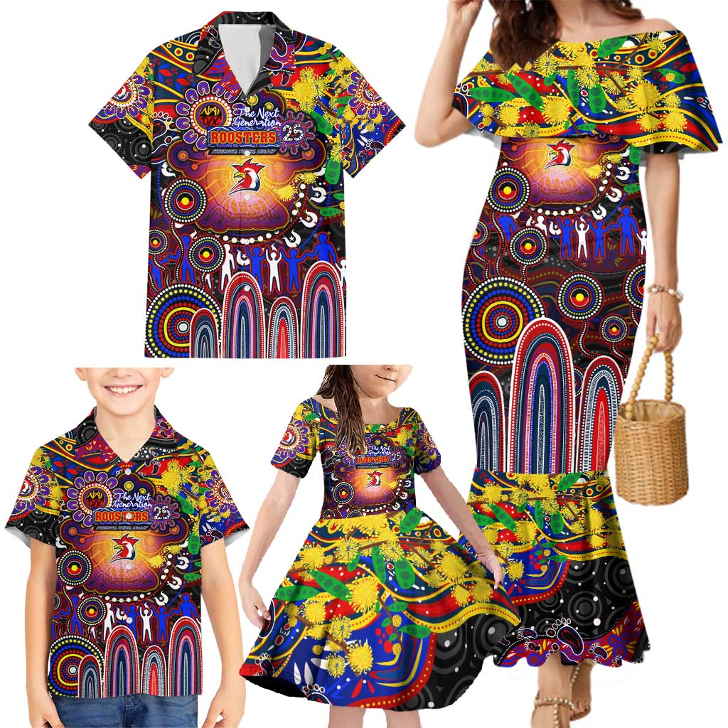 Personalised NAIDOC Week 2025 Roosters Football Family Matching Mermaid Dress and Hawaiian Shirt Aboriginal Dot Painting