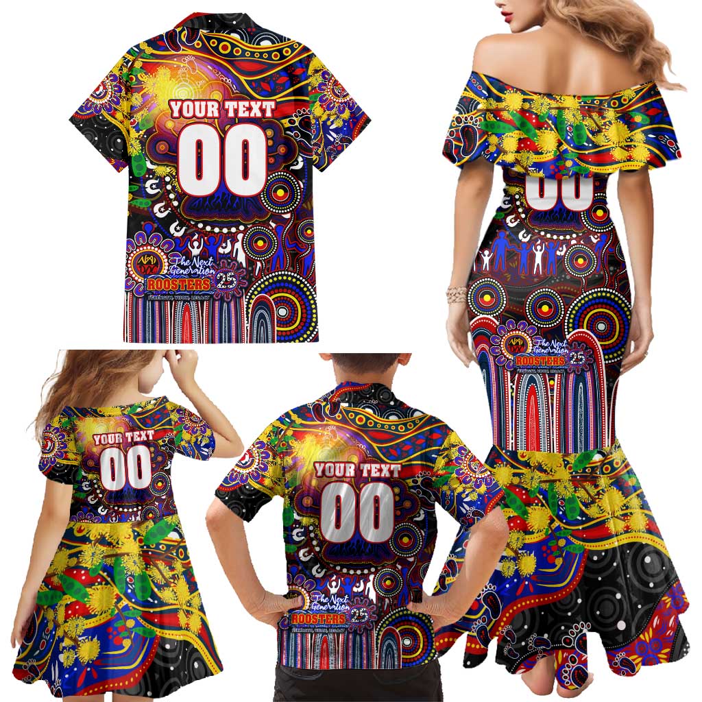 Personalised NAIDOC Week 2025 Roosters Football Family Matching Mermaid Dress and Hawaiian Shirt Aboriginal Dot Painting