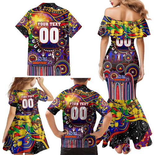 Personalised NAIDOC Week 2025 Roosters Football Family Matching Mermaid Dress and Hawaiian Shirt Aboriginal Dot Painting