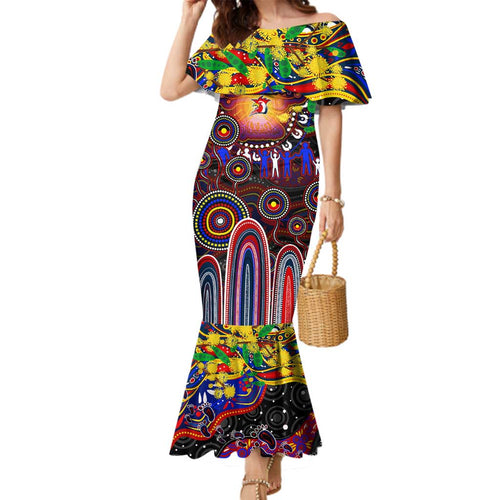 Personalised NAIDOC Week 2025 Roosters Football Family Matching Mermaid Dress and Hawaiian Shirt Aboriginal Dot Painting
