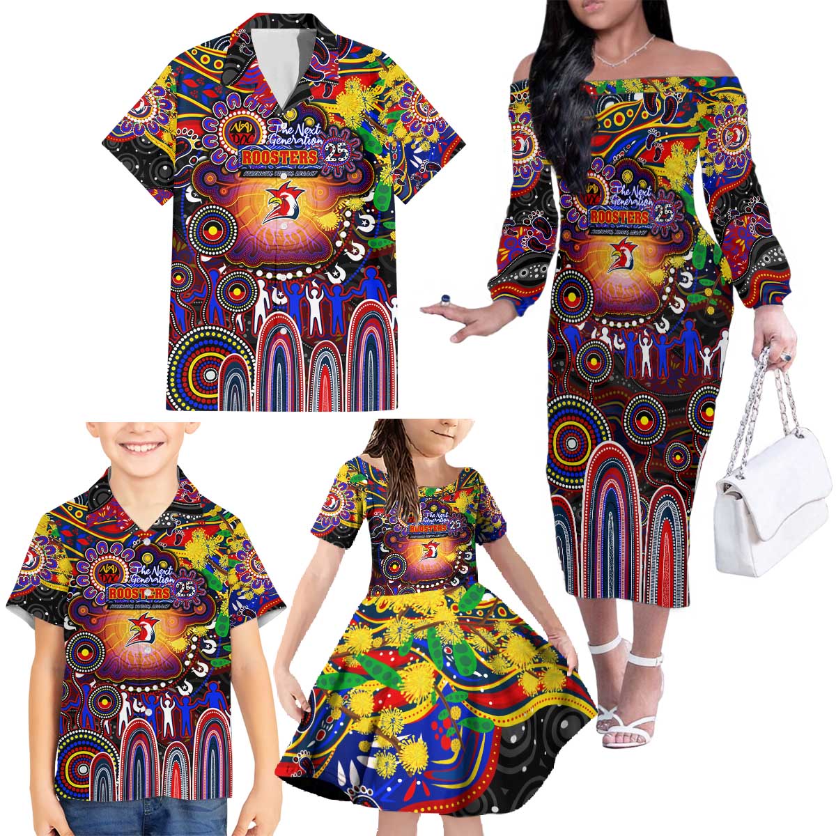 Personalised NAIDOC Week 2025 Roosters Football Family Matching Off The Shoulder Long Sleeve Dress and Hawaiian Shirt Aboriginal Dot Painting