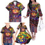 Personalised NAIDOC Week 2025 Roosters Football Family Matching Off The Shoulder Long Sleeve Dress and Hawaiian Shirt Aboriginal Dot Painting
