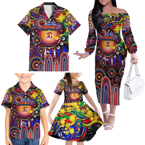 Personalised NAIDOC Week 2025 Roosters Football Family Matching Off The Shoulder Long Sleeve Dress and Hawaiian Shirt Aboriginal Dot Painting