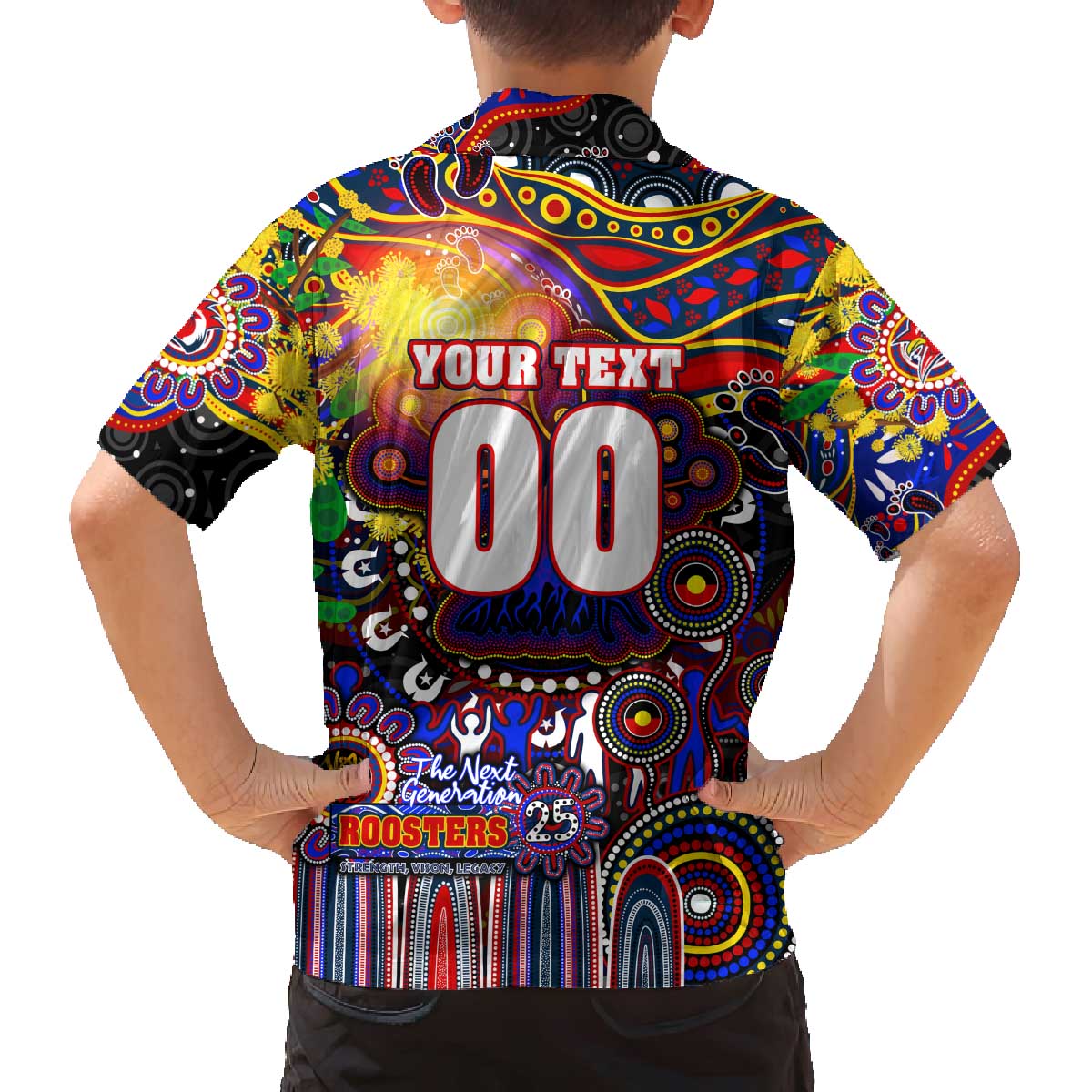 Personalised NAIDOC Week 2025 Roosters Football Family Matching Off The Shoulder Long Sleeve Dress and Hawaiian Shirt Aboriginal Dot Painting